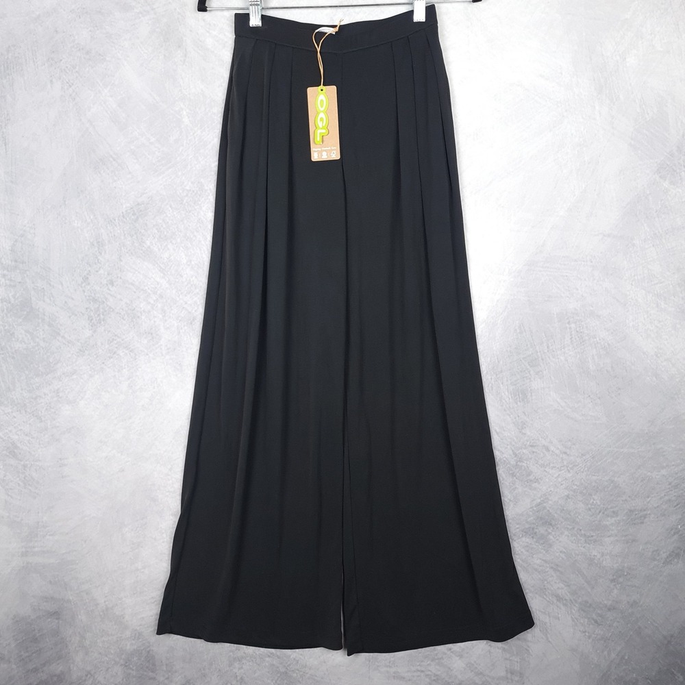 OGL Pants Womens XS Black Wide Leg Pleated Jersey Pull On Dress Pants Comfort